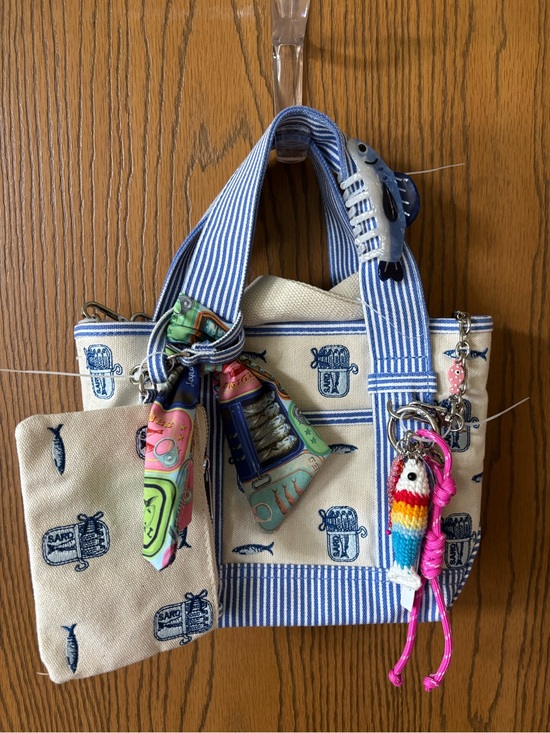 Madden Girl Handbags - Madden Girl Cream Canvas Tote with Blue Striped Trim and Sardines!!!